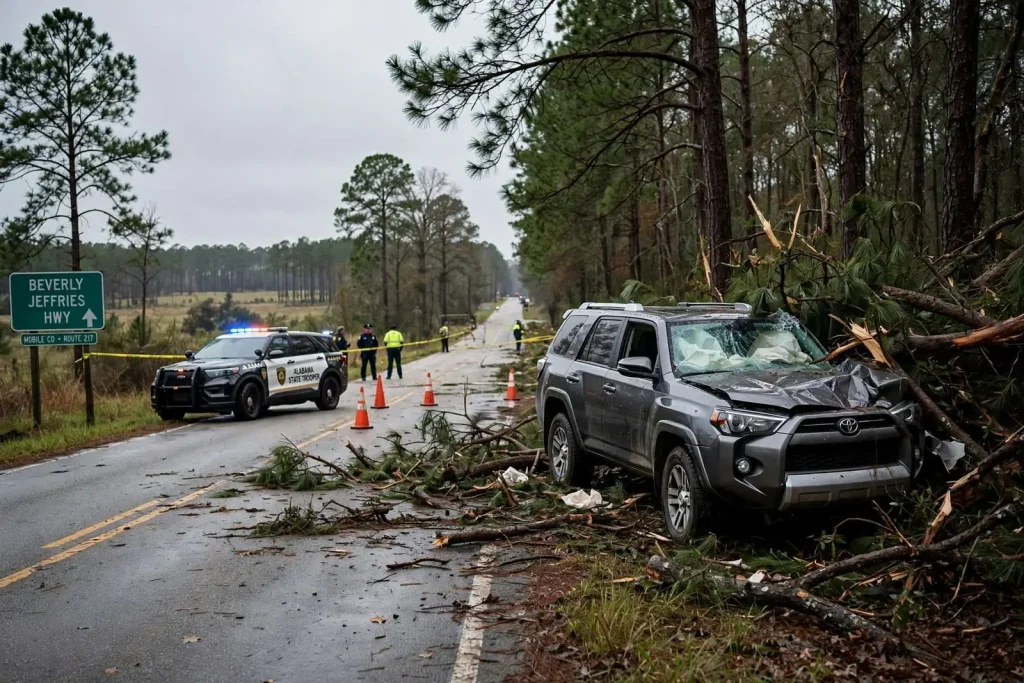 Illustration for the news story: Citronelle Man, 65, Dies After SUV Leaves Beverly Jeffries Highway and Strikes Trees