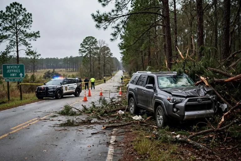 Illustration for the news story: Citronelle Man, 65, Dies After SUV Leaves Beverly Jeffries Highway and Strikes Trees