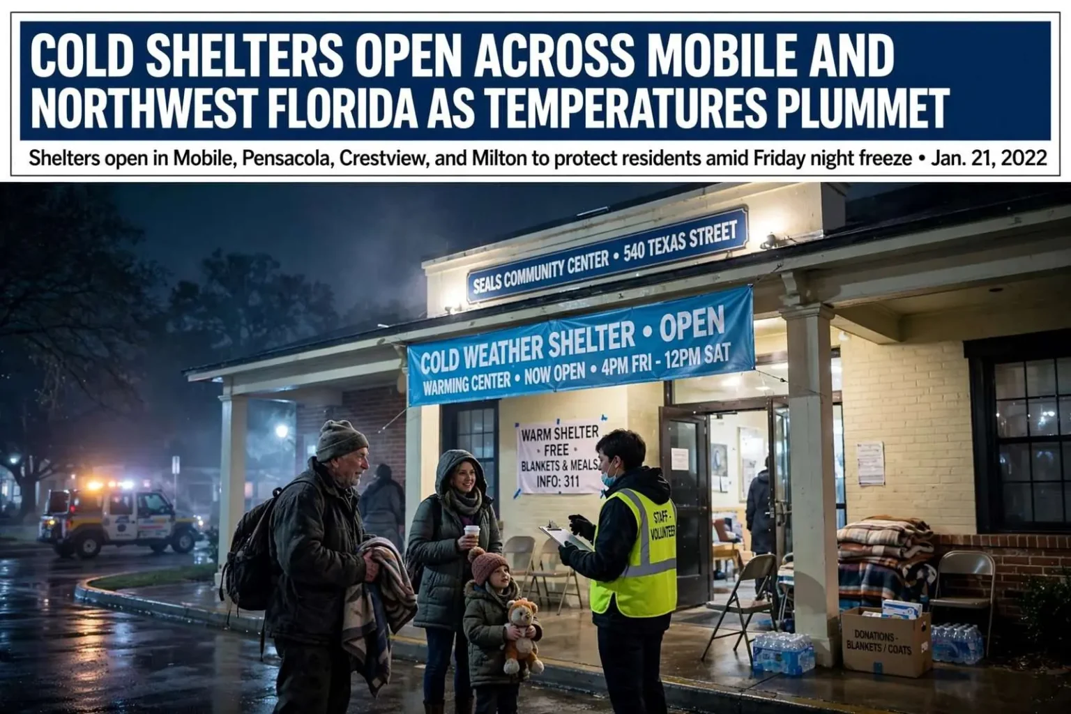 Illustration for the news story: Cold Shelters Open Across Mobile and Northwest Florida as Temperatures Plummet