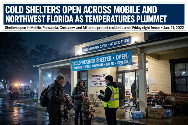 Illustration for the news story: Cold Shelters Open Across Mobile and Northwest Florida as Temperatures Plummet