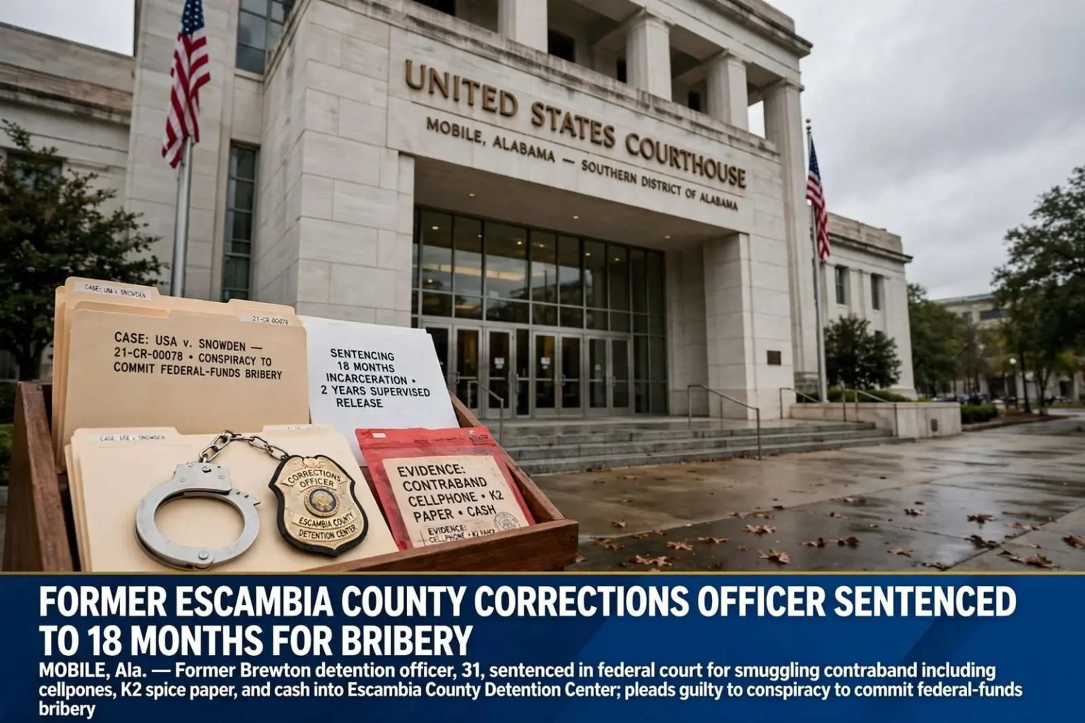 Illustration for the news story: Former Escambia County corrections officer sentenced to 18 months for bribery