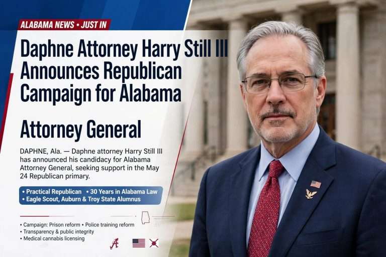 Illustration for the news story: Daphne Attorney Harry Still III Announces Republican Campaign for Alabama Attorney General
