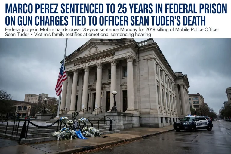 Illustration for the news story: Marco Perez Sentenced to 25 Years in Federal Prison on Gun Charges Tied to Officer Sean Tuder’s Death