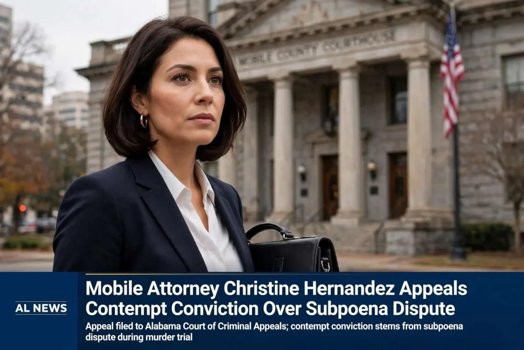 Illustration for the news story: Mobile Attorney Christine Hernandez Appeals Contempt Conviction Over Subpoena Dispute
