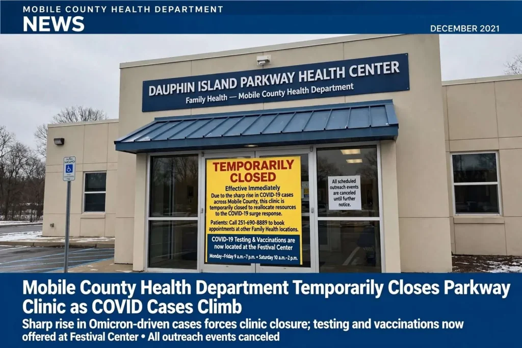 Illustration for the news story: Mobile County Health Department Temporarily Closes Parkway Clinic as COVID Cases Climb
