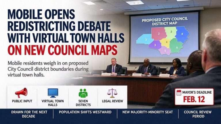 Illustration for the news story: Mobile Opens Redistricting Debate With Virtual Town Halls on New Council Maps