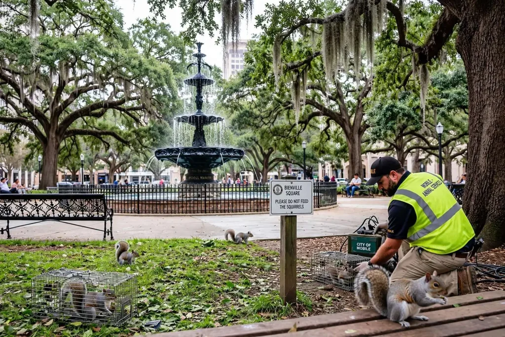 Illustration for the news story: Mobile plans humane relocation of squirrels from Bienville Square