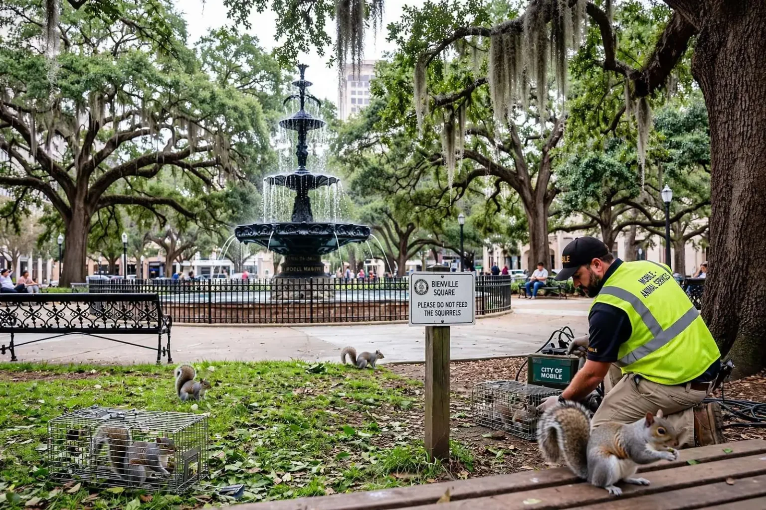 Illustration for the news story: Mobile plans humane relocation of squirrels from Bienville Square