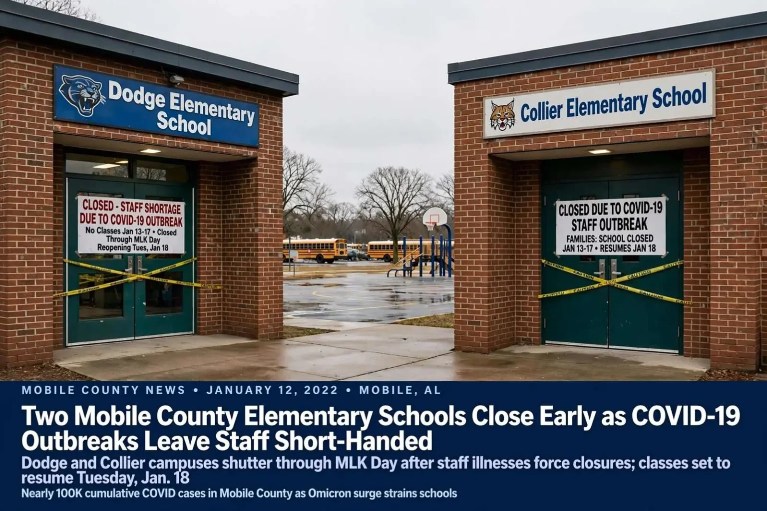 Illustration for the news story: Two Mobile County Elementary Schools Close Early as COVID-19 Outbreaks Leave Staff Short-Handed