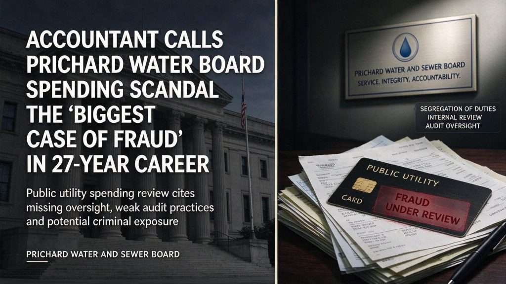 Illustration for the news story: Accountant Calls Prichard Water Board Spending Scandal the ‘Biggest Case of Fraud’ in 27-Year Career
