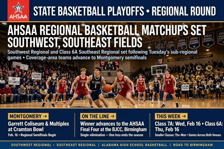 Illustration for the news story: AHSAA regional basketball matchups set for southwest, southeast fields