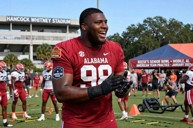 Illustration for the news story: Alabama’s Phidarian Mathis Turns Heads at Reese’s Senior Bowl Practices in Mobile