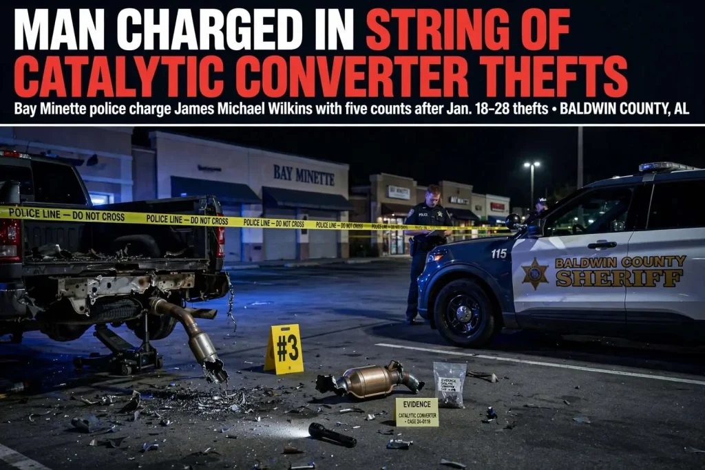Illustration for the news story: Man Charged in String of Catalytic Converter Thefts at Bay Minette Businesses
