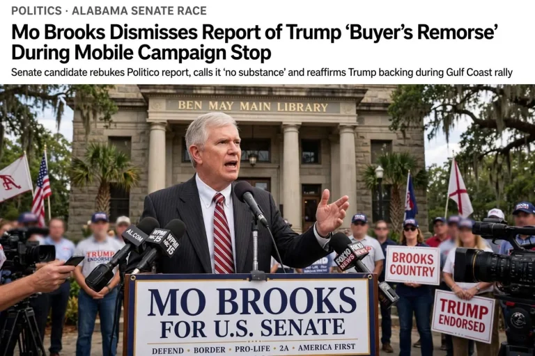 Illustration for the news story: Mo Brooks Dismisses Report of Trump ‘Buyer’s Remorse’ During Mobile Campaign Stop
