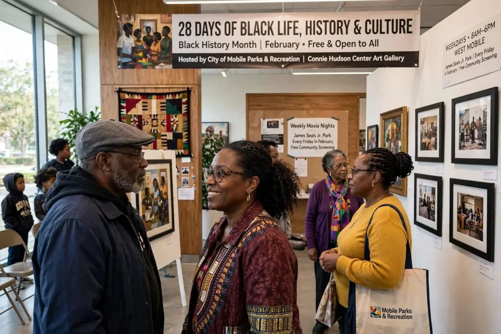 Illustration for the news story: Mobile Celebrates Black History Month with Art Show and Weekly Movie Nights