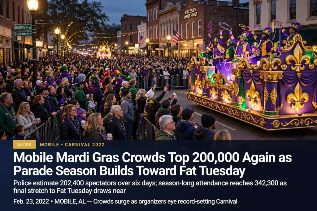Illustration for the news story: Mobile Mardi Gras Crowds Top 200,000 Again as Parade Season Builds Toward Fat Tuesday