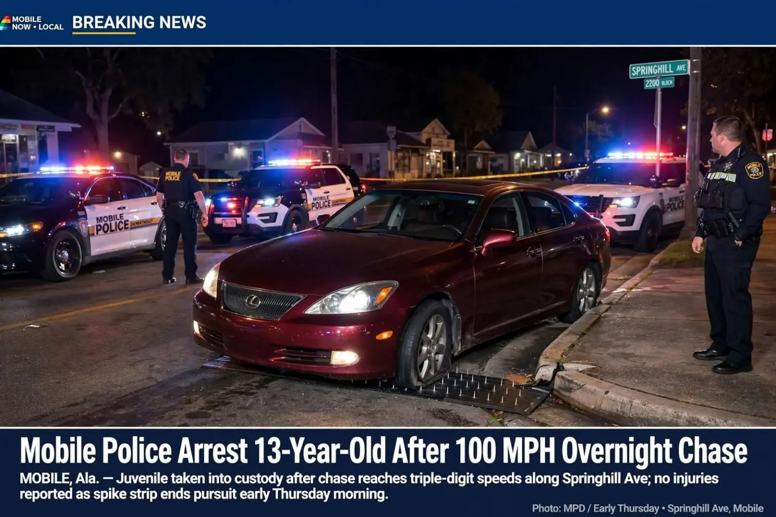 Illustration for the news story: Mobile Police Arrest 13-Year-Old After 100 MPH Overnight Chase