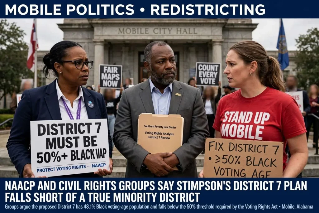 Illustration for the news story: NAACP and Civil Rights Groups Say Stimpson’s District 7 Plan Falls Short of a True Minority District