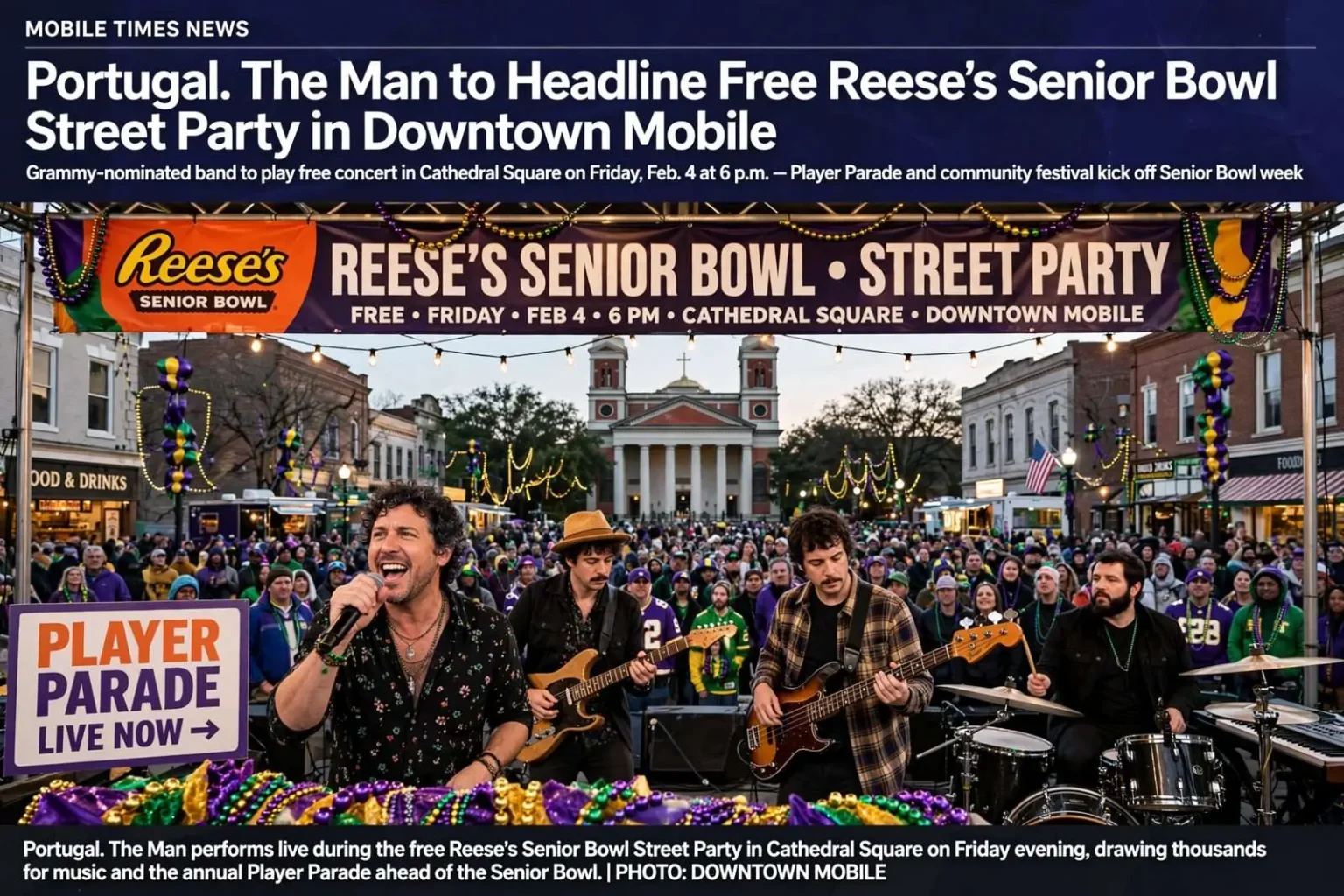 Illustration for the news story: Portugal. The Man to Headline Free Reese’s Senior Bowl Street Party in Downtown Mobile