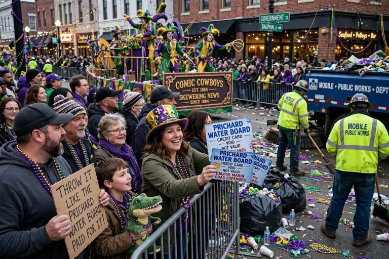 Illustration for the news story: A Mardi Gras Season for the Ages: Packed Parades, Fake Prichard Water Board Cards and a City Cleanup to Remember