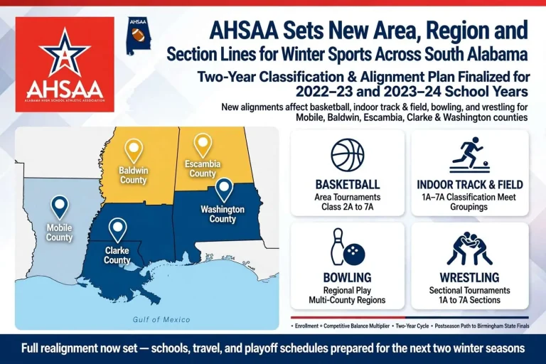 Illustration for the news story: AHSAA Sets New Area, Region and Section Lines for Winter Sports Across South Alabama