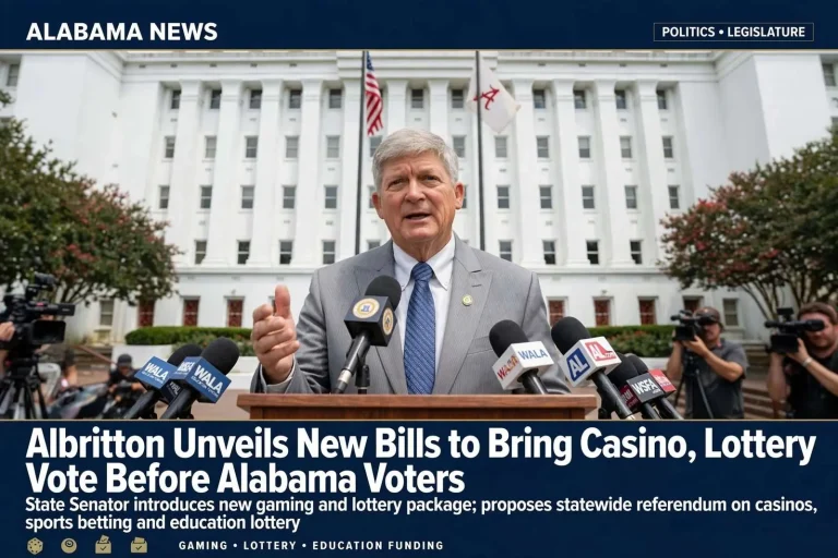 Illustration for the news story: Albritton Unveils New Bills to Bring Casino, Lottery Vote Before Alabama Voters