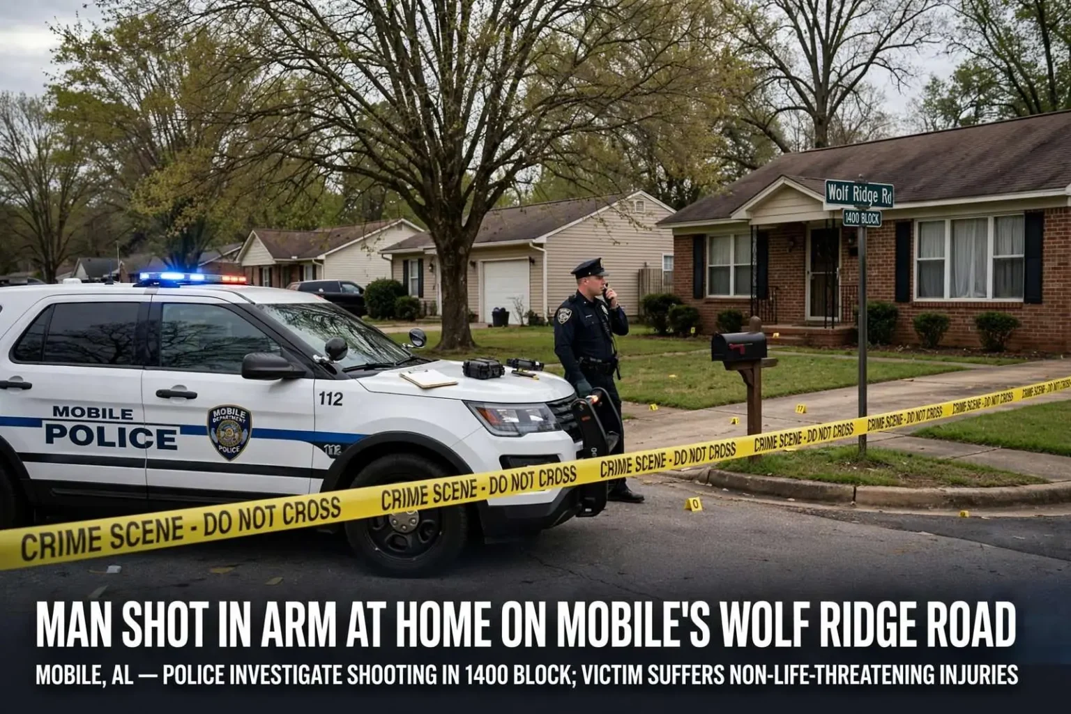 Illustration for the news story: Man Shot in Arm at Home on Mobile’s Wolf Ridge Road