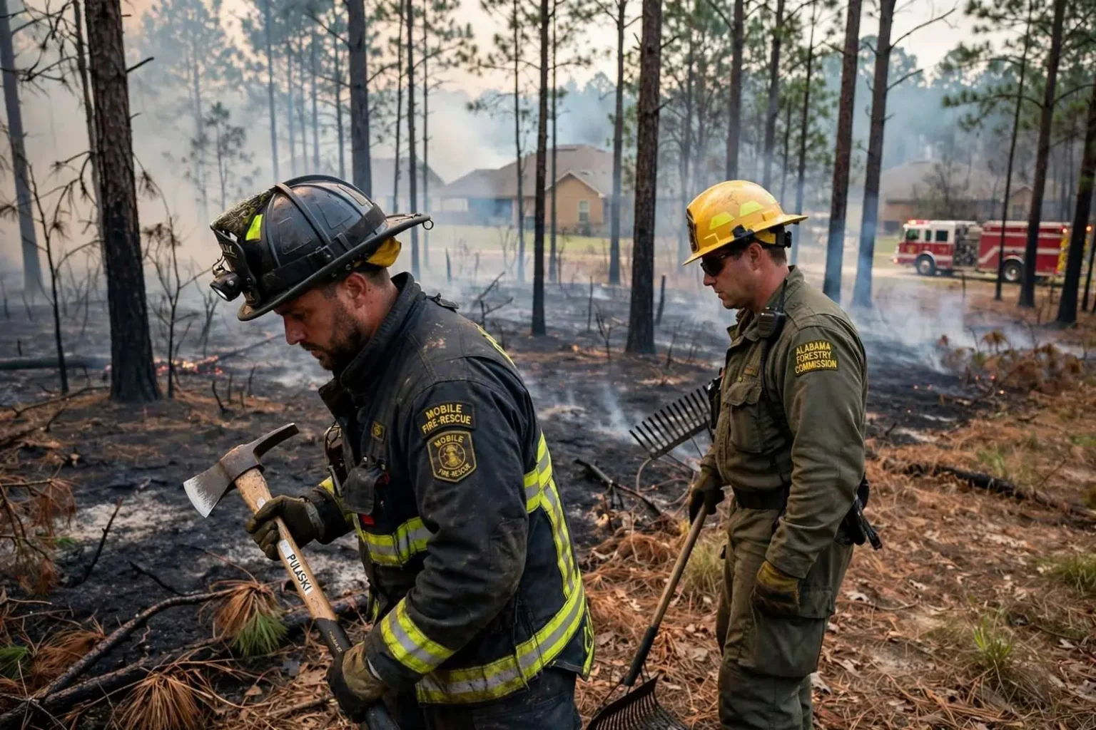 Illustration for the news story: 80-Plus Acres Charred as Mobile County Brush Fire Smolders Near Homes
