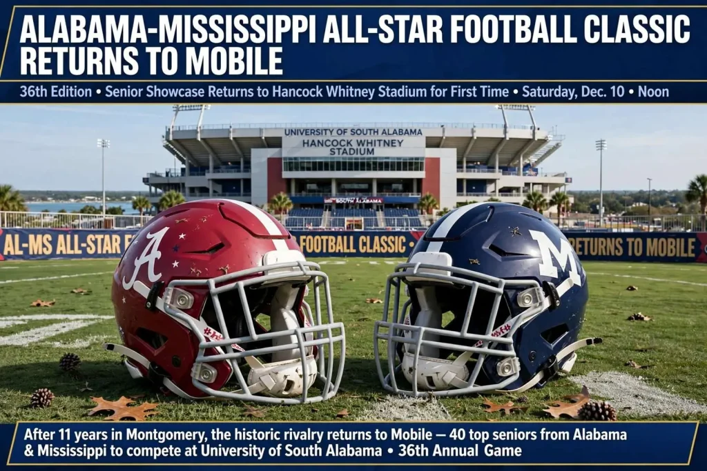 Illustration for the news story: Alabama-Mississippi All-Star Football Classic Set to Return to Mobile’s Hancock Whitney Stadium