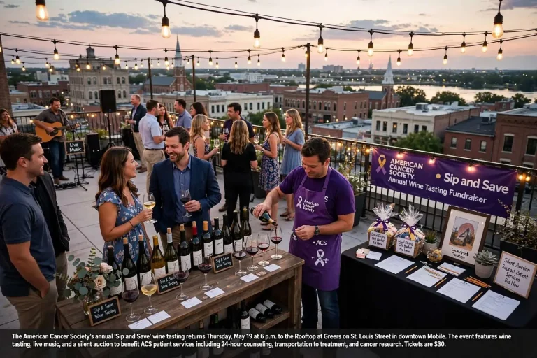 Illustration for the news story: American Cancer Society Pours Annual ‘Sip and Save’ Wine Tasting on a Downtown Mobile Rooftop
