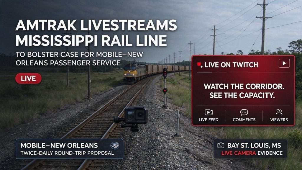 Illustration for the news story: Amtrak Livestreams Mississippi Rail Line to Bolster Case for Mobile-New Orleans Passenger Service
