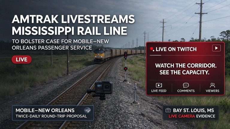 Illustration for the news story: Amtrak Livestreams Mississippi Rail Line to Bolster Case for Mobile-New Orleans Passenger Service