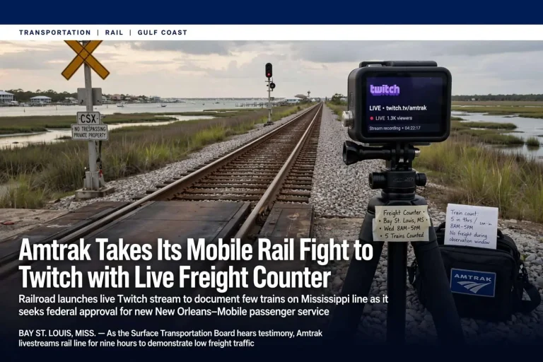 Illustration for the news story: Amtrak takes its Mobile rail fight to Twitch with live freight counter