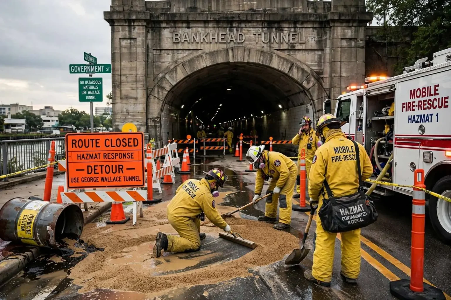 Illustration for the news story: Bankhead Tunnel Temporarily Closed After Weed Killer Spill in Downtown Mobile