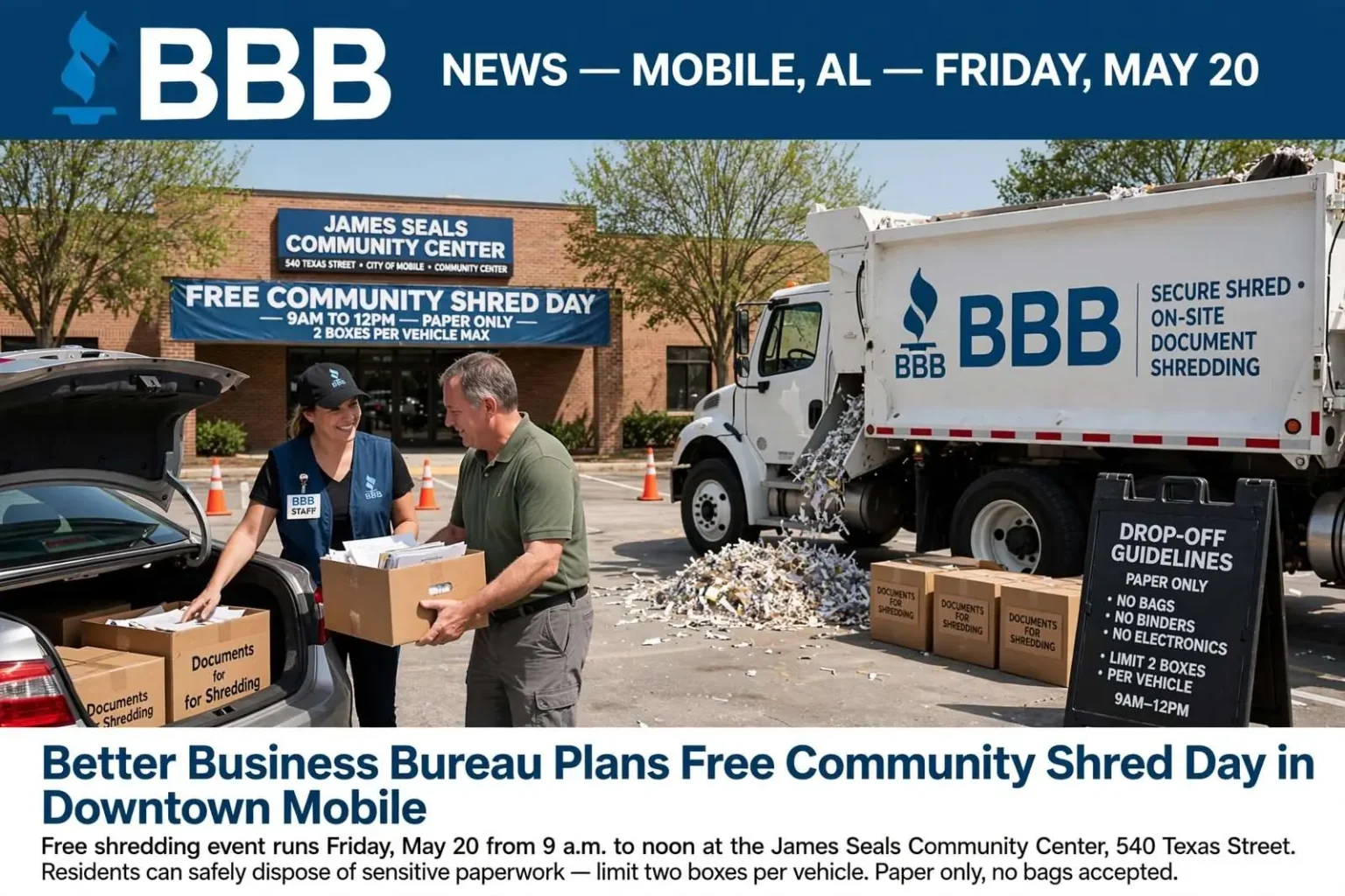 Illustration for the news story: Better Business Bureau Plans Free Community Shred Day in Downtown Mobile