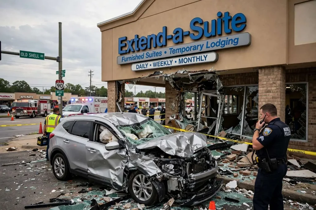 Illustration for the news story: Car Crashes Into Extend-a-Suite in Tillmans Corner; Driver Had Medical Emergency