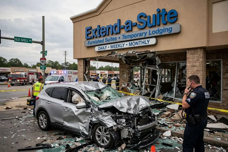 Illustration for the news story: Car Crashes Into Extend-a-Suite in Tillmans Corner; Driver Had Medical Emergency