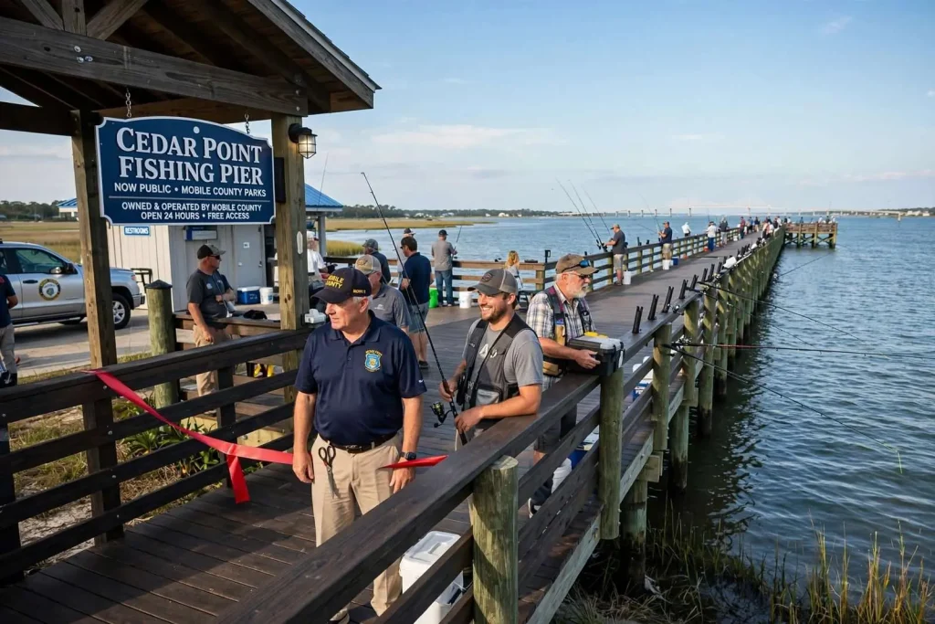 Illustration for the news story: Cedar Point Fishing Pier Reopens Under Mobile County Ownership After $2.2 Million Purchase