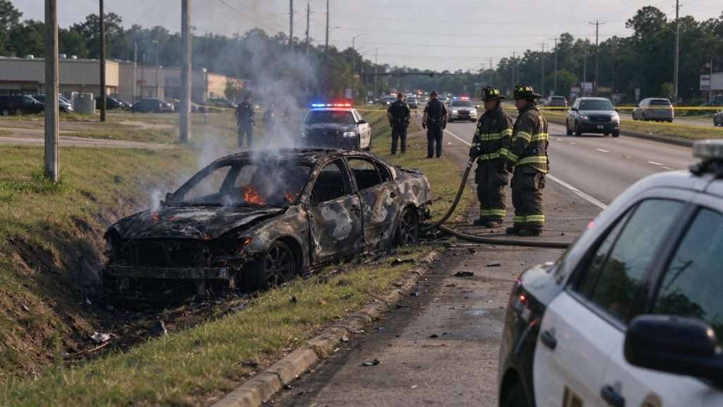 Illustration for the news story: Chase of Suspected Stolen Car Ends in Fiery Semmes Crash; Driver Found Hiding in Dumpster