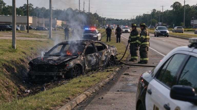 Illustration for the news story: Chase of Suspected Stolen Car Ends in Fiery Semmes Crash; Driver Found Hiding in Dumpster