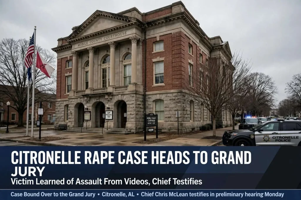 Illustration for the news story: Citronelle Rape Case Heads to Grand Jury; Victim Learned of Assault From Videos, Chief Testifies