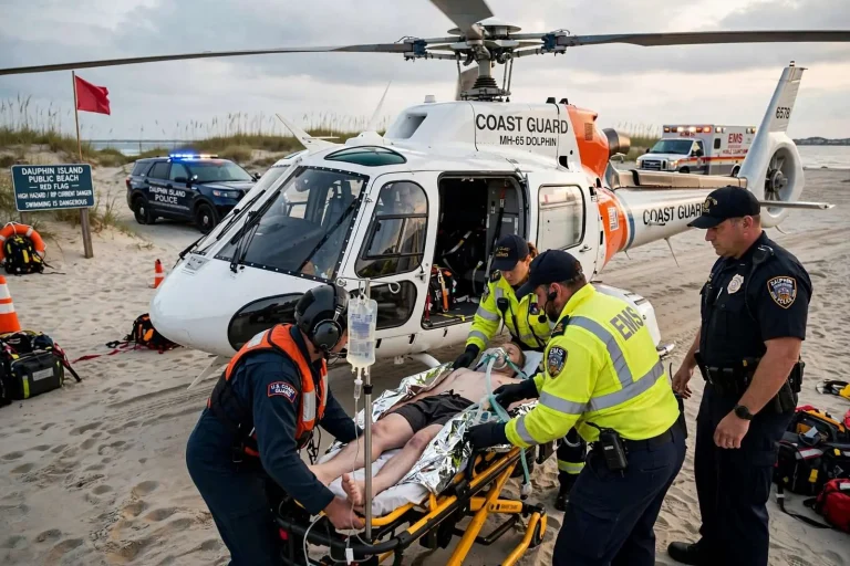 Illustration for the news story: Coast Guard Aircrew Flies Critically Injured Swimmer From Dauphin Island to Mobile Hospital