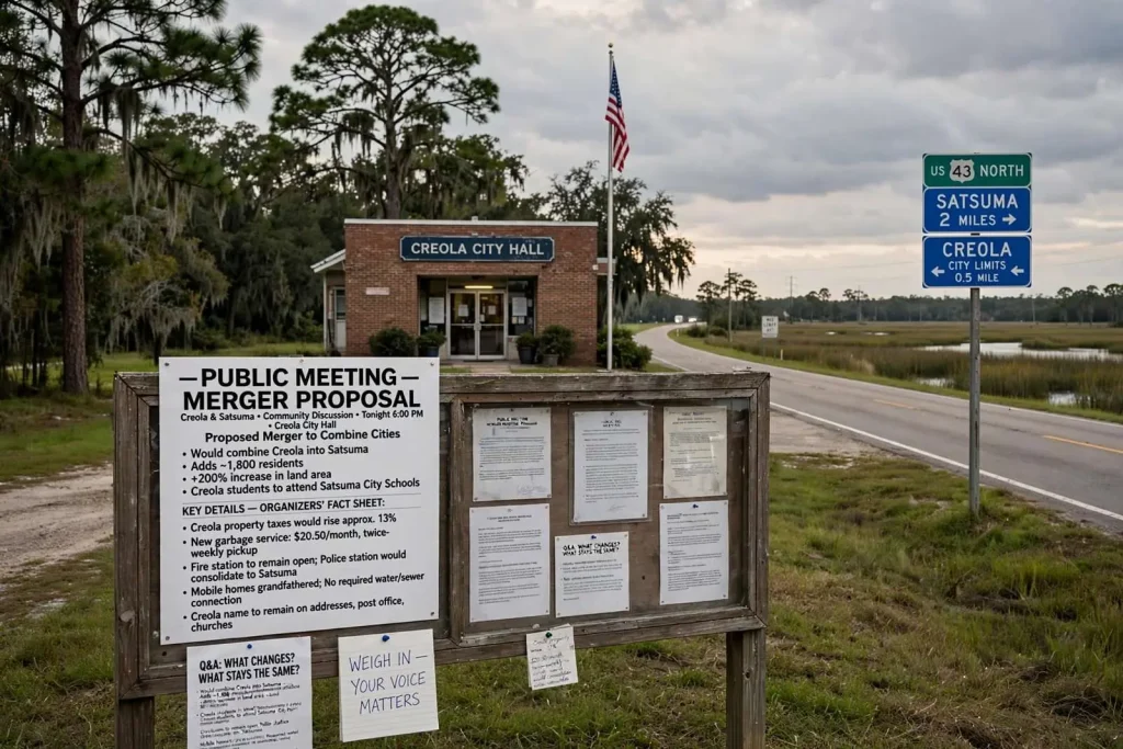 Illustration for the news story: Creola Residents Weigh Proposed Merger That Would Fold the City Into Satsuma