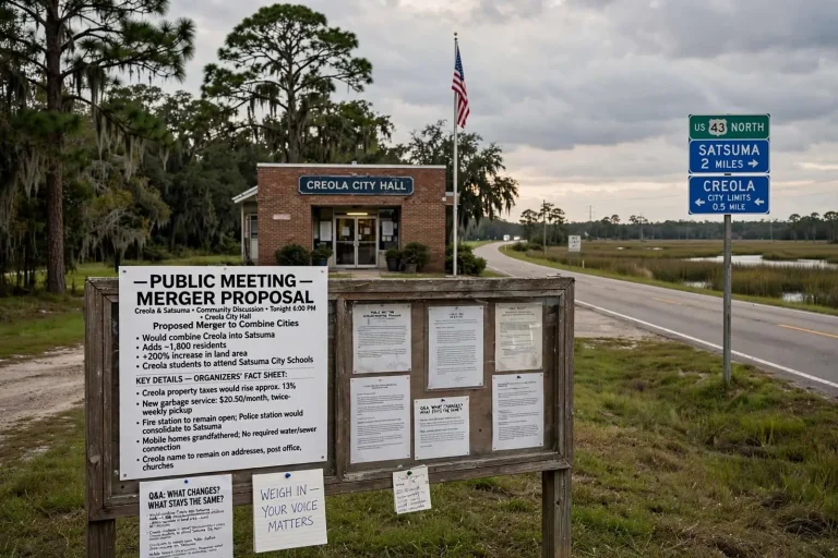 Illustration for the news story: Creola Residents Weigh Proposed Merger That Would Fold the City Into Satsuma