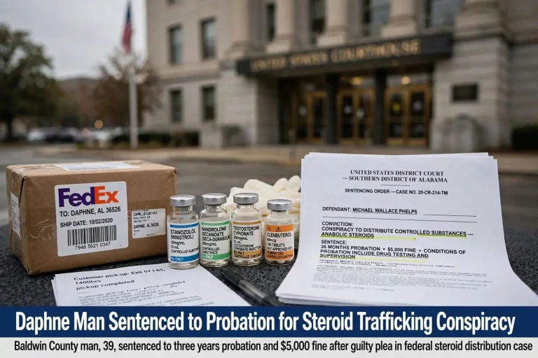 Illustration for the news story: Daphne Man Sentenced to Probation for Steroid Trafficking Conspiracy