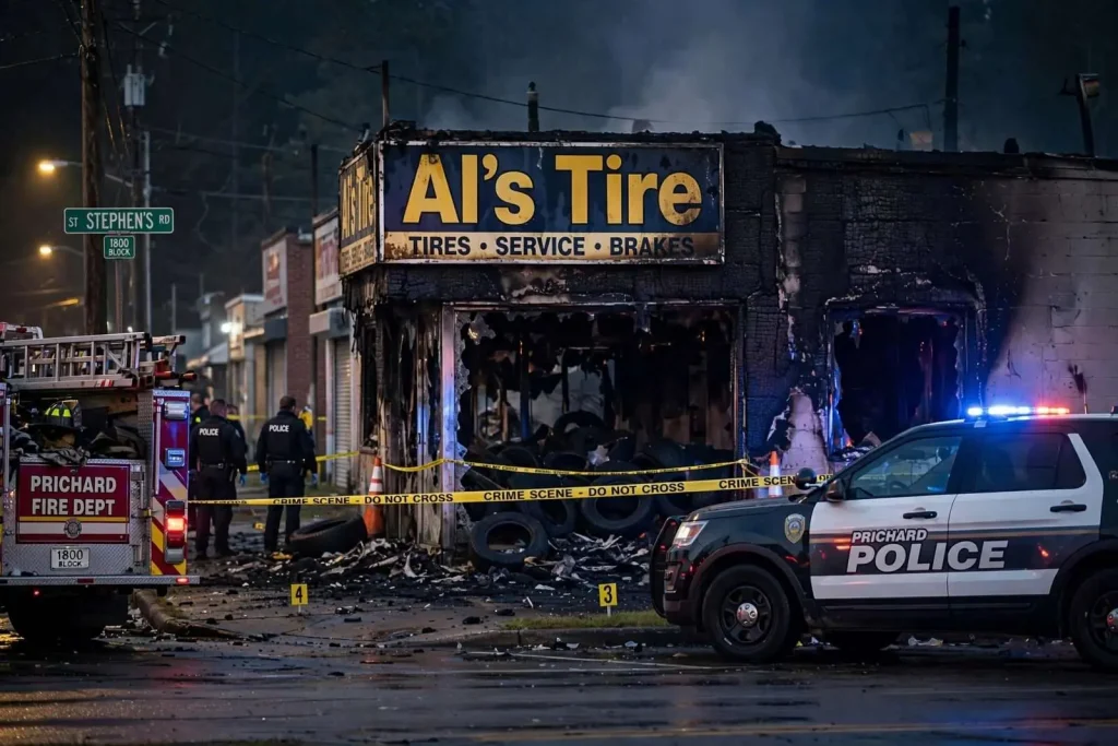 Illustration for the news story: Fire at Al’s Tire on St. Stephen’s Road Ruled Arson by Prichard Police