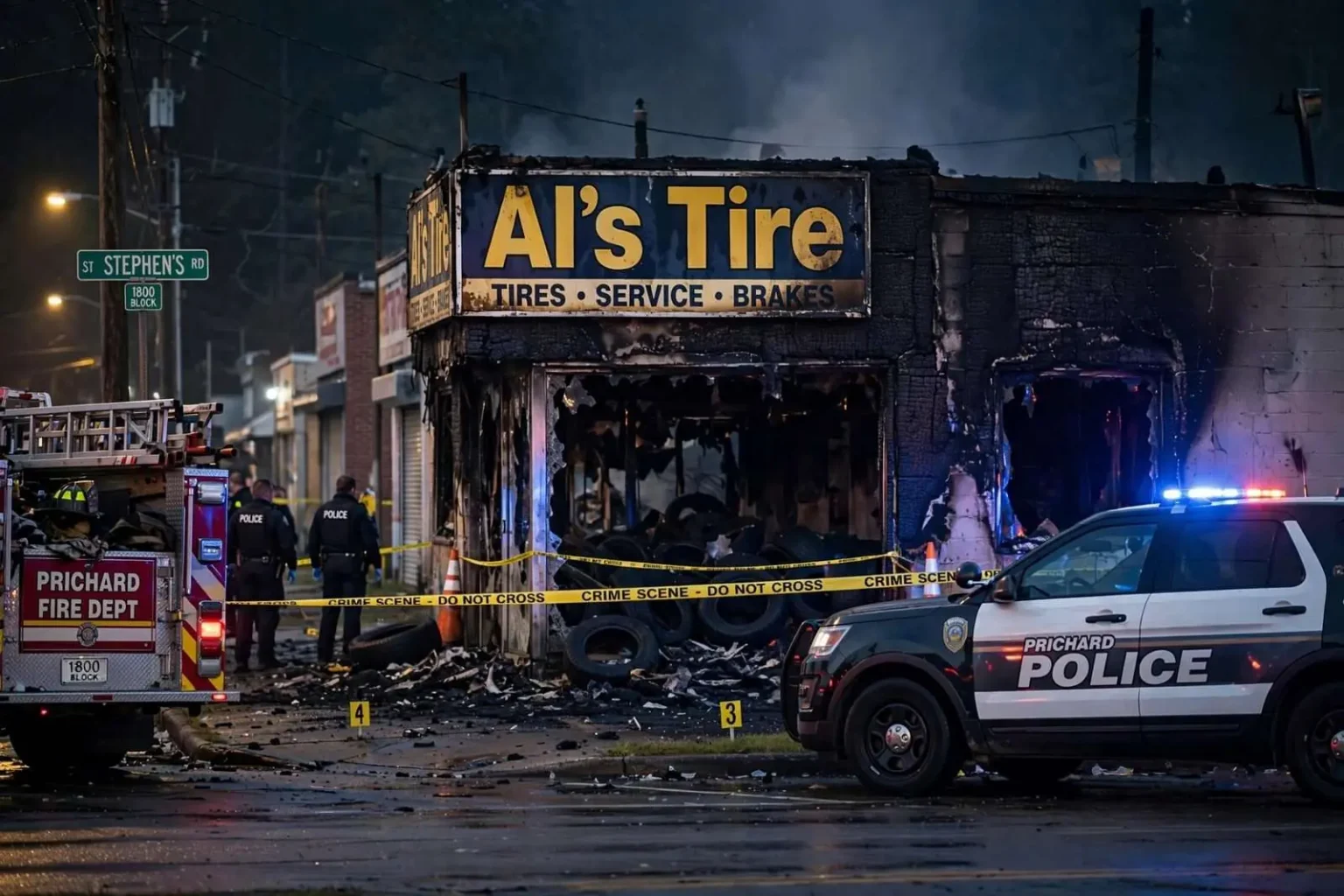 Illustration for the news story: Fire at Al’s Tire on St. Stephen’s Road Ruled Arson by Prichard Police