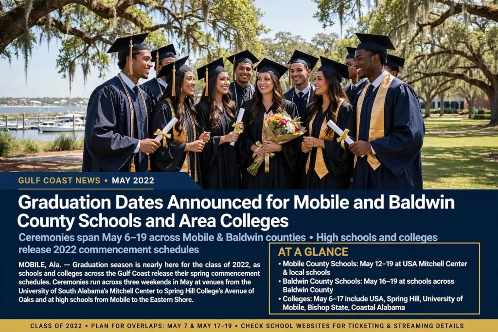 Illustration for the news story: Graduation Dates Announced for Mobile and Baldwin County Schools and Area Colleges