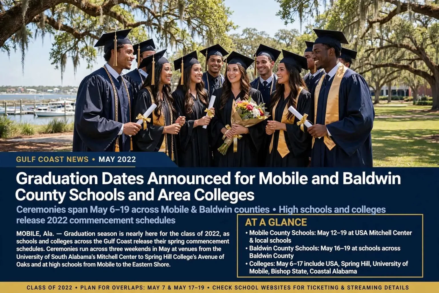 Illustration for the news story: Graduation Dates Announced for Mobile and Baldwin County Schools and Area Colleges
