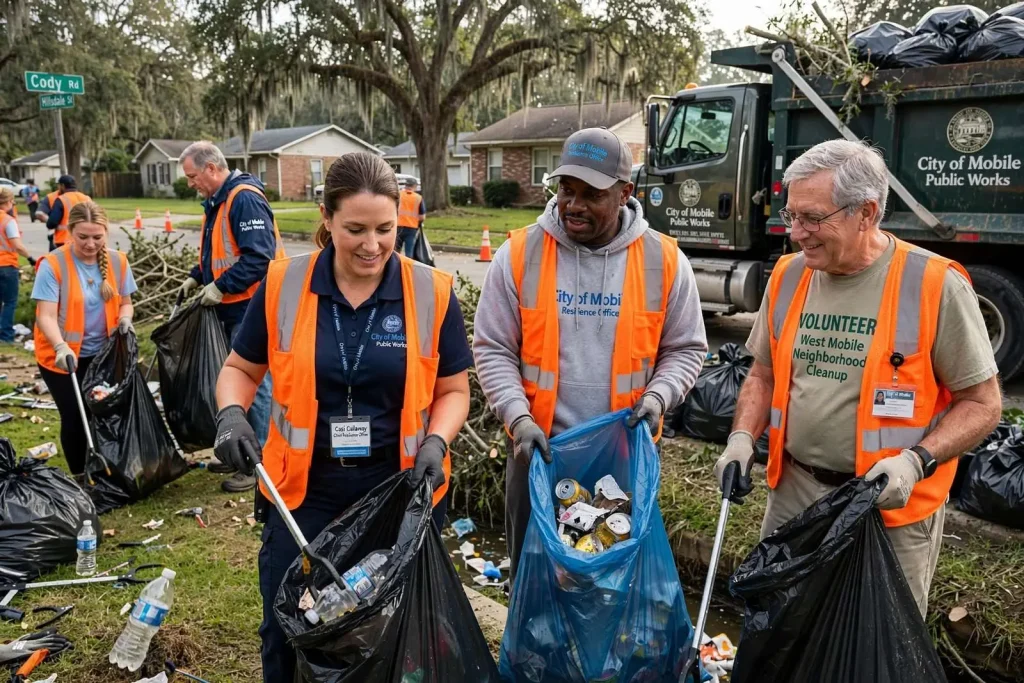 Illustration for the news story: Mobile City Employees and Volunteers Sweep Litter from West Mobile Neighborhoods
